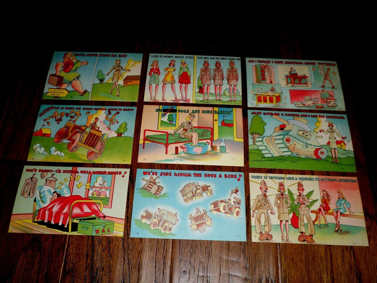 WWII U.S MILITARY COMIC POSTCARDS FEMALE WAC BY BEALS 9 CARDS IN
