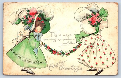 Postcard Easter Greetings Victorian Girls Large Bonnets Bows Flower Garland F2