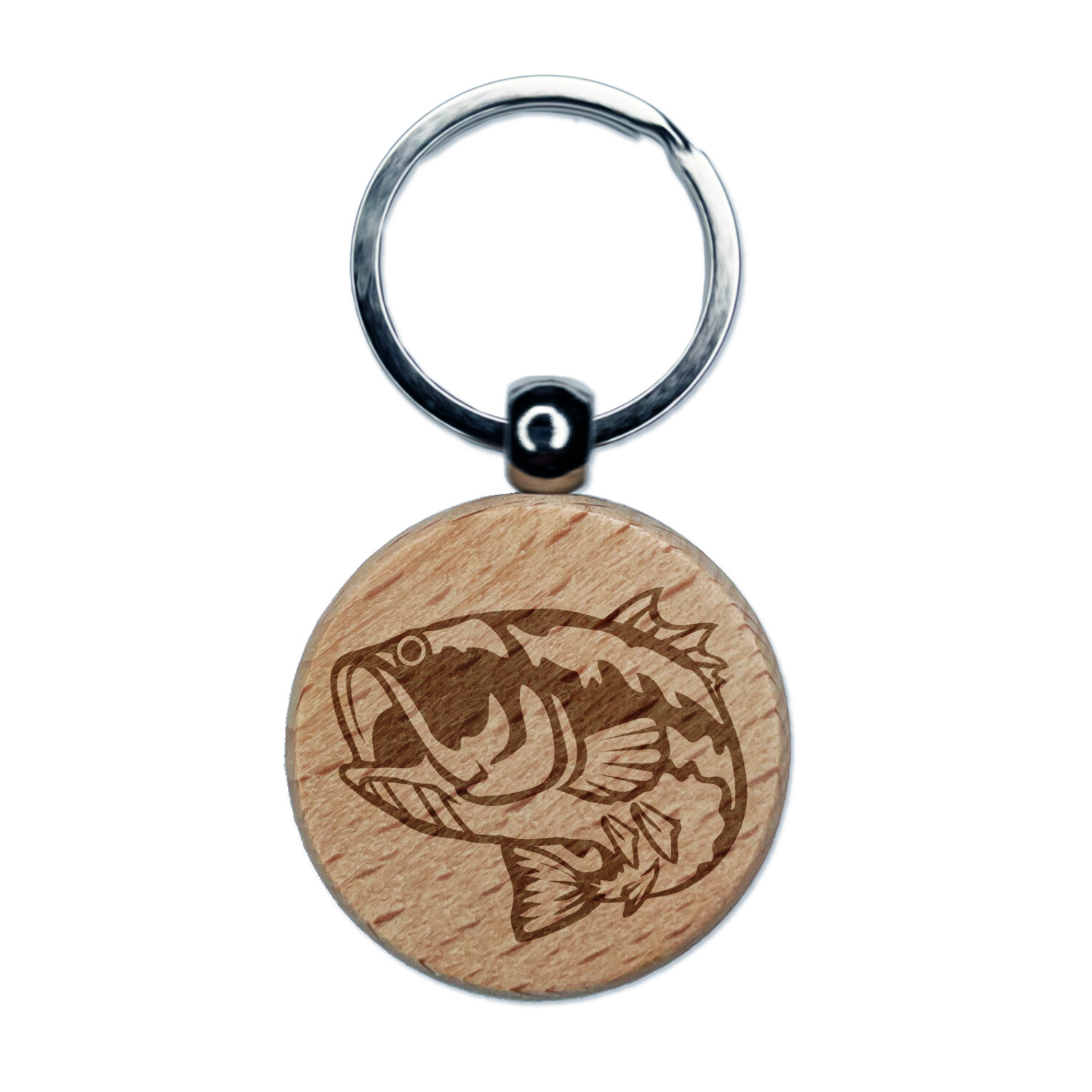 Largemouth Bass Fish Fishing Engraved Wood Round Keychain Tag Charm