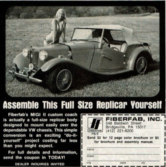 1977 Vintage Print Ad Fiberfab MIGI II Custom Coach Assemble Full Size Replicar