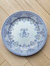Antique GIEN Monogram EA Earthenware Flat Plate - Blue Decor - 1870