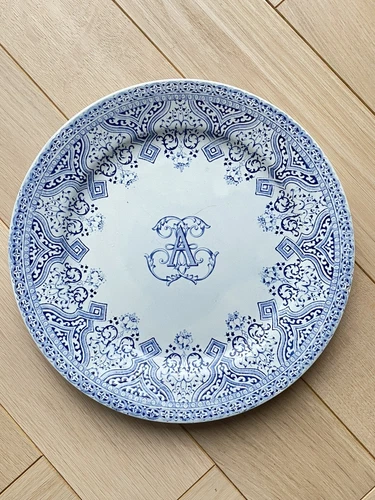 Antique GIEN Monogram EA Earthenware Flat Plate - Blue Decor - 1870