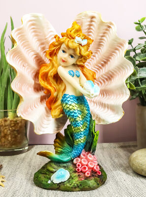 Aquamarine Mermaid Mergirl Holding Blue Sconce By Giant Pearl Shell Statue 7''H