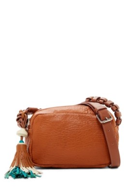 CHRISTOPHER KON,Cognac Pebbled Tassel Leather Crossbody Bag Handbag NEW TAG $265