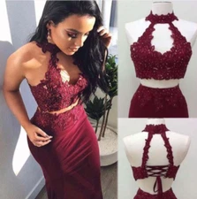 Maroon Burgundy Two Piece Prom Dress Long Halter Neck