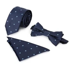 2.4" Neck Tie Pre-tied Bow Tie Pocket Square 3 PCS Set Mens Wedding Party