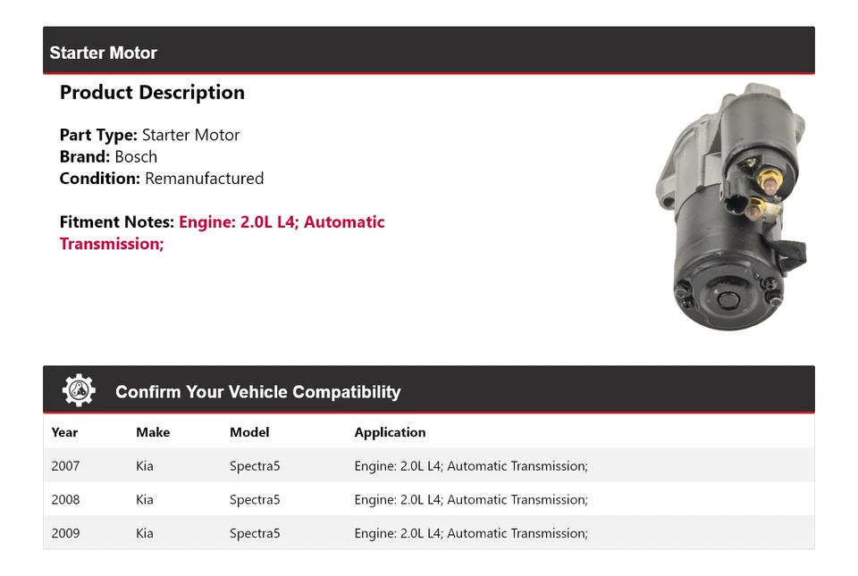 Arranque Bosch 2008 para Kia Spectra5 2007-2009 2,0 L L4 (remanufacturado) Foto 2 de 4