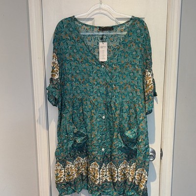Zanzea Floral Cotton A-Line Dress 4XL Short Sleeve Knee Length Button Teal