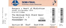TICKET: SCOTTISH LEAGUE CUP SEMI FINAL 2019/2020 Rangers v Hearts - UNUSED