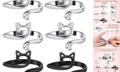 6pcs Knitting Crochet Loop Ring for Fingers Metal Open Black & Sliver & Pink