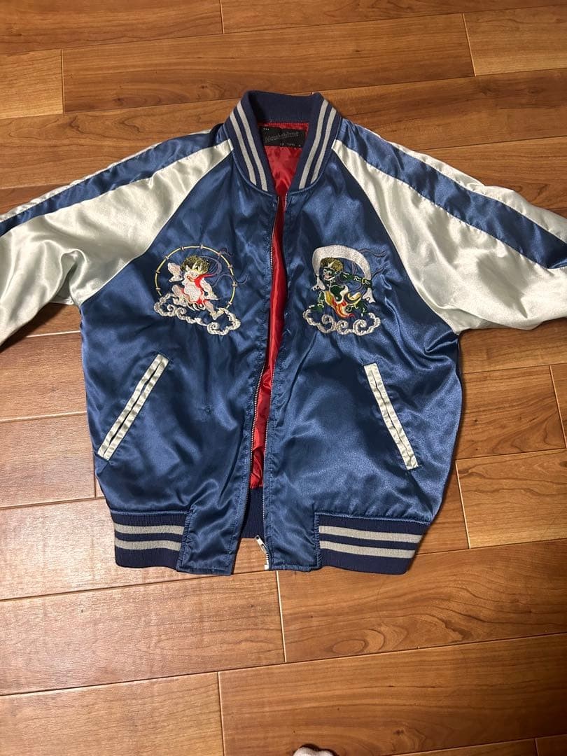 Yokosuka Sukajan Satin Blue Silver Embroidery Vintage 90s Free Size