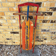 Antique Yankee Clipper Winter Steering Sled Wood  Metal Red Frame Brown Deck