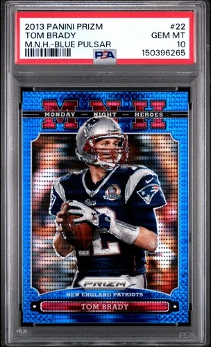 2013 PANINI PRIZM MONDAY NIGHT HEROES 22 TOM BRADY BLUE PULSAR PSA 10