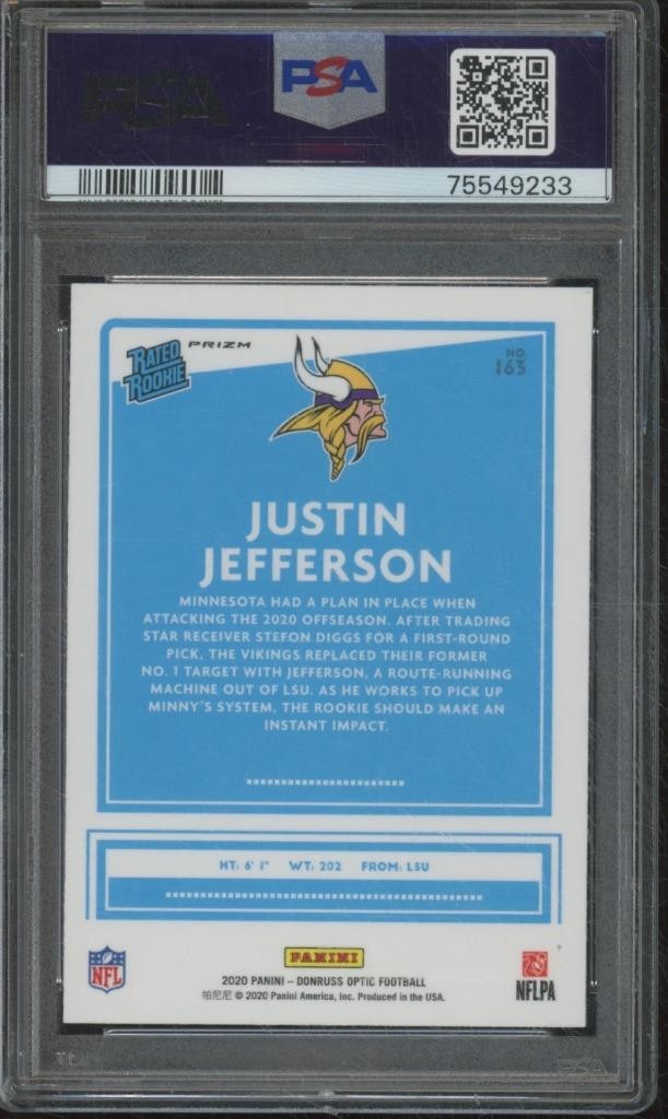 2020 Panini Donruss Optic JUSTIN JEFFERSON #163 RC Rookie Holo Prizm PSA 9 FB10 view 2