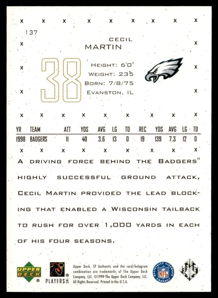 1999 SP Authentic Cecil Martin RC 0472/1999 #137 - Image 2 of 2