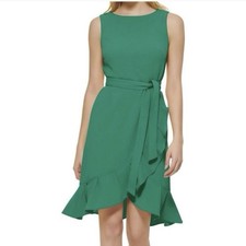 Calvin Klein Green Ruffle Tulip Hem Stretch Crepe Belt Sleeveless Dress Size 6