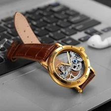 Vintage Golden Bridge Skeleton Automatic Men’s Watch Leather Strap Luminous