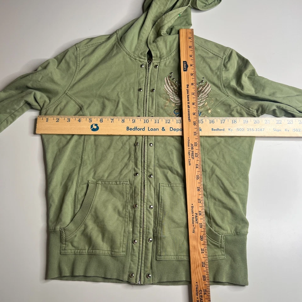 Chaqueta con Capucha Coogi Couture Para Mujer XL Verde Bordada Estrás Alas Rosas Foto 3 de 4