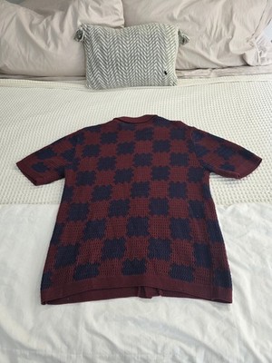 Massive lux E Men's Burgundy Navy Check Knit Button-Up Shirt Short Sleeve Casual
