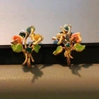 Vintage Austrian Pink Rose Screw Back Earrings Green Rhinestones Costume Jewelry