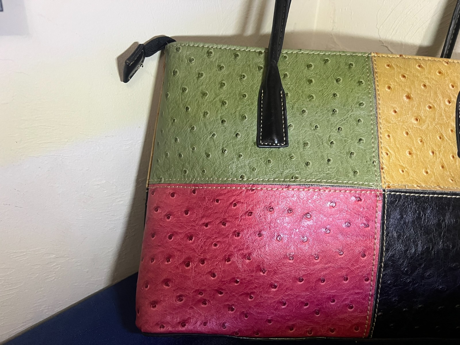 Faux Leather Patchwork Multicolored Zippered Hand… - image 2