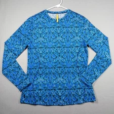 Lole Women’s Athletic Top.  Blue All  Over Pattern Dark Blue Mesh Inserts Back