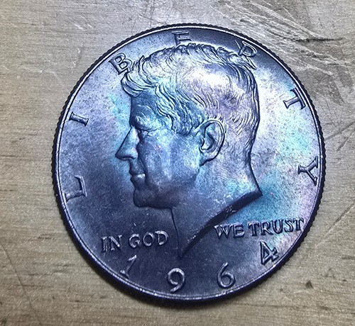 1964 50c Kennedy Silver Half Dollar - Rainbow Blue Toning 90% Silver #8 - Picture 2 of 8