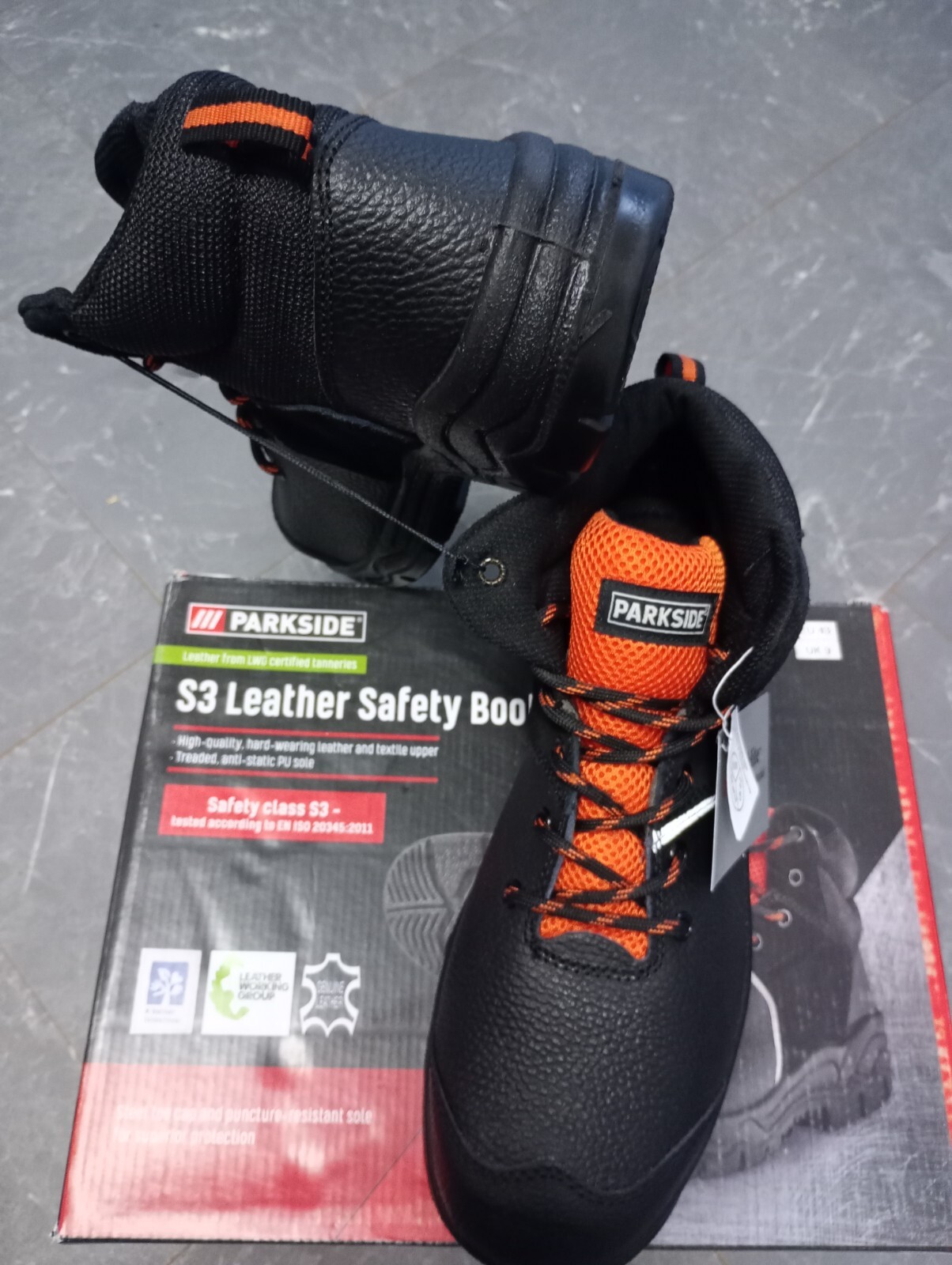 PARKSIDE S3 LEATHER SCOTCHLITE WATERPROOF SAFETY BOOTS SIZE UK 9 EUR 43