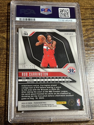 BUB CARRINGTON 2024-25 Prizm Rookie rifrattore pallacanestro rosso /225 #244 RC PSA 9 - Foto 2 di 2