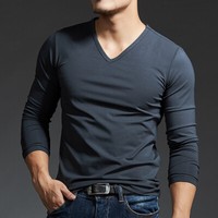 Casual Plain Cotton Tee Men's Long Sleeve V-Necked T-Shirt -