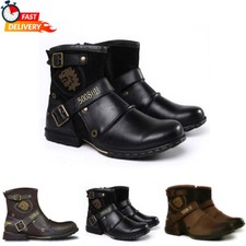Mens Western Cowboy Boots Retro Ankle Boots Round Toe Strap Biker Boots Comfort