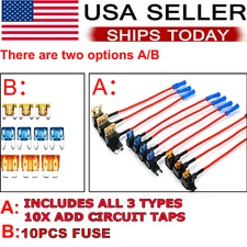 10pc 12V Car Add-a-Circuit Fuse Adapter w/ Standard & Mini Tap Blade Fuse Holder