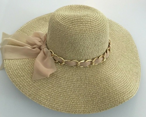Fancy Ribbon Jewel Church Straw Grass Packable Wide Brim Floppy SPF50 Womens Hat - Picture 5 of 6