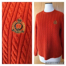 VTG Australia RALPH LAUREN Orange Braided Cable Knit Crest Logo Cotton Sweater M