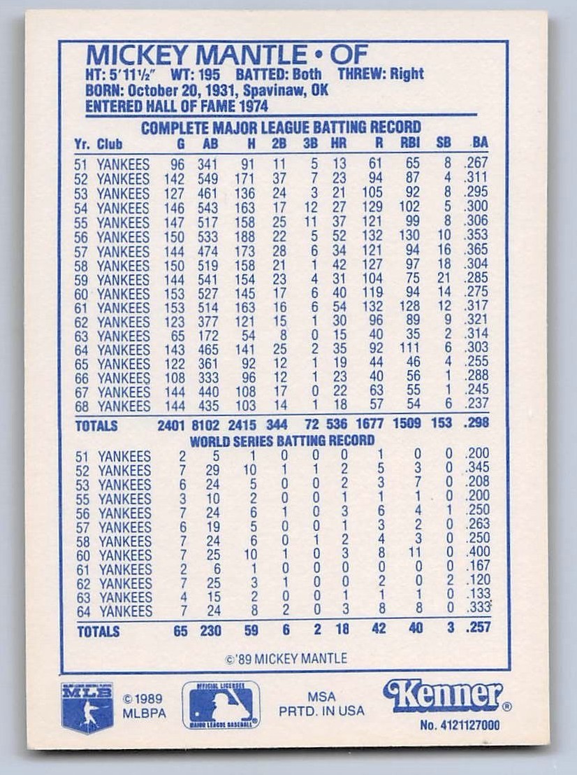 1989 MICKEY MANTLE - Starting Lineup Card - 