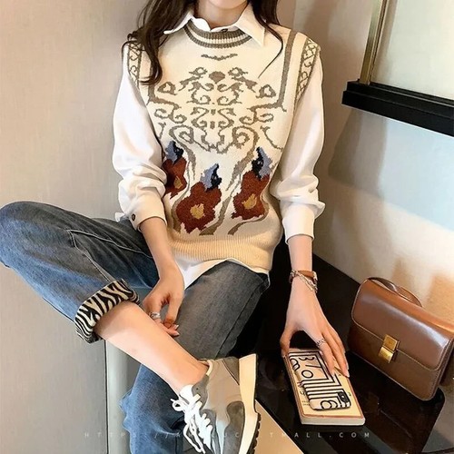 Cream Beige Tank Jumper Top Art Print Soft Knit Layering Spring Jumper ...