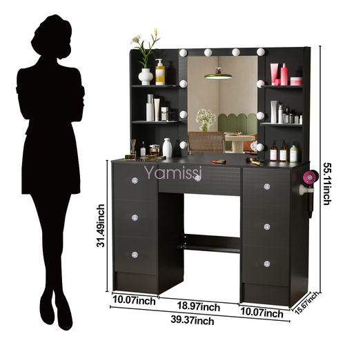 Black Dressing Vanity Table Makeup Desk with 10 LED Mirror 7 Drawers Modern UK - Picture 11 of 18