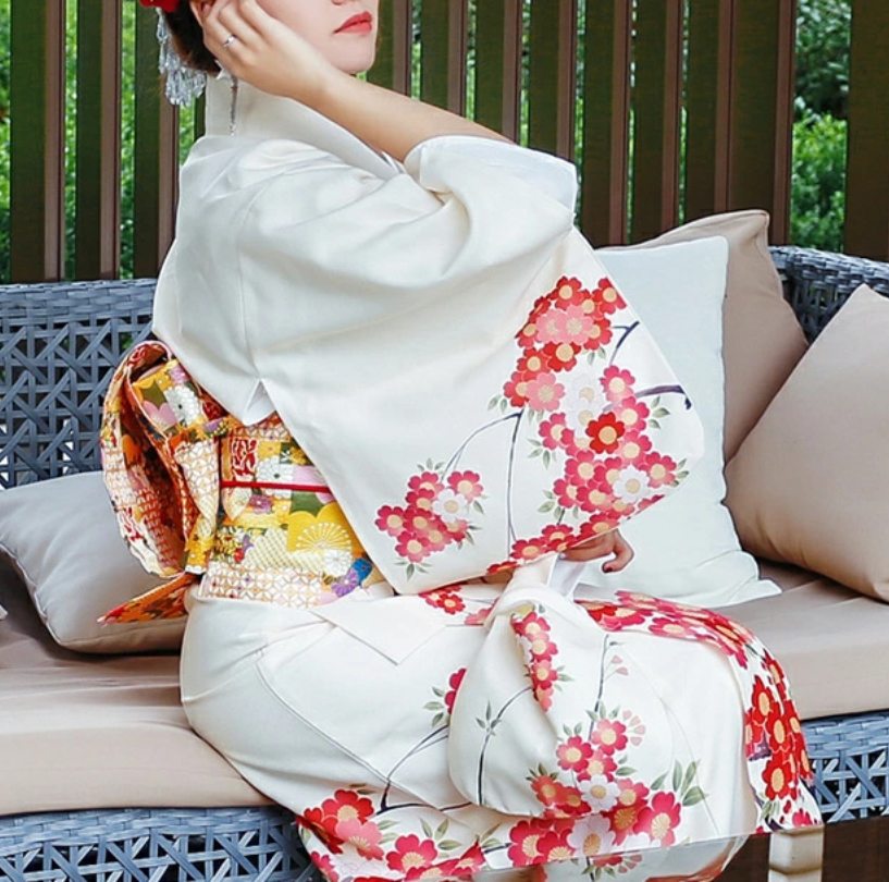 Japanese summer kimono Yukata Plum blossom design Red 3-Piece Set