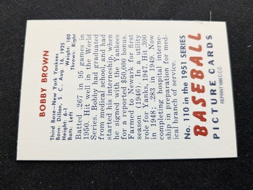 1951 Bowman Reprint Baseball Card # 110 Bobby Brown - New York Yankees (NM) - Picture 2 of 3