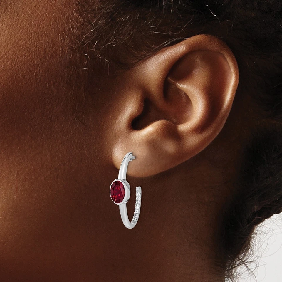 14k White Gold Oval Lab Created Ruby and Diamond J-Hoop Earrings 3.61g for Mom - Image 3 of 4