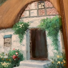 VINTAGE cottage landscape original oil PAINTING  by Perrine  thatched cottage