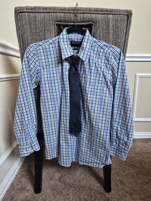 Bergamo New York Long Sleeve Boys Dress Shirt And Clip On Tie Set Plaid Size 12