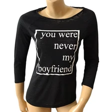 Material Girl Active Medium Black Graphic Top Mesh Shredded Back 3/4 Sleeve 