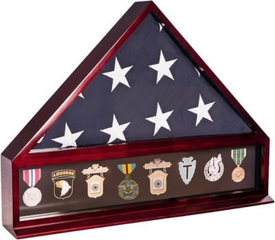 Personalized Oak Flag & Medal Display Case Solid Wood Triangular Shadow Box