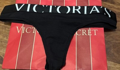 Victoria's Secret Logo, V-String Thong Black Panty size Large  NWT