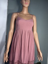 Pink Cotton Knit V-Neck Strappy Sleeveless Sundress Crochet Hem Dress