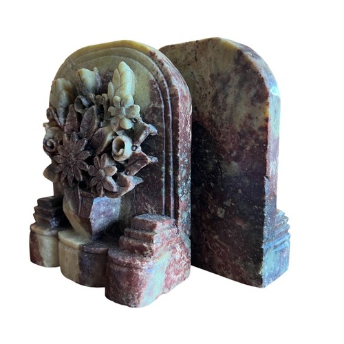 Multicolor Hand-Carved Floral Natural Stone Bookends W/ Decorative Vase Design - Picture 9 of 13
