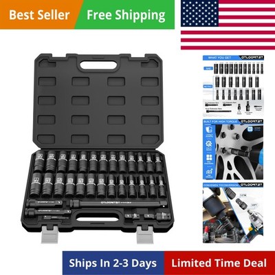 32PCS 1/2'' Drive Impact Socket Set - Heavy Duty Industrial-Grade Deep Sockets...