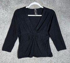Y2K Babydoll 3/4 Sleeve Knit Top Womens Sz Large Black Center Ruche Whimsigoth