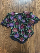 VINTAGE Laurence Kazar Black Silk Beaded Sequin Top XL 80s Multi-Color Floral